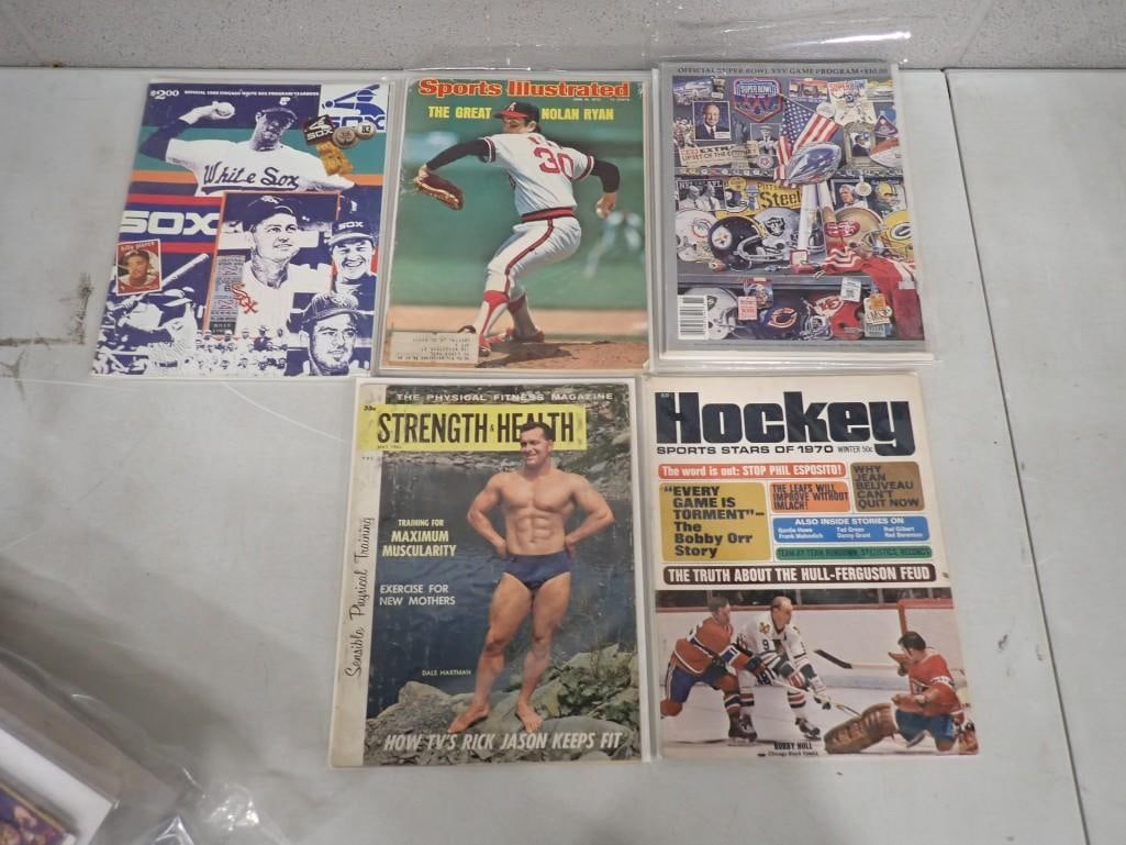 Sports Lot including Vintage 1976 Nolan Ryan Sports Illustrated, Superbowl XXV Program, White Sox: Sports Lot including Vintage 1976 Nolan Ryan Sports Illustrated, Superbowl XXV Program, White Sox Program, 1970 Sports Stars of Hockey and 1950's Strength and Health Magazine All pictures are cons