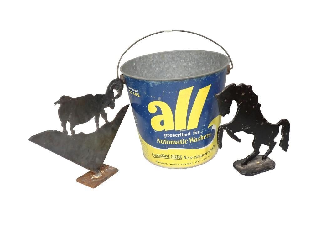 Vintage All Laundry Detergent Galvanized Aluminum Bucket and Ram and Horse Metal Figures: Vintage All Laundry Detergent Galvanized Aluminum Bucket and Ram and Horse Metal Figures / Silhouette Sculptures All pictures are considered part of the description and should be examined carefully by