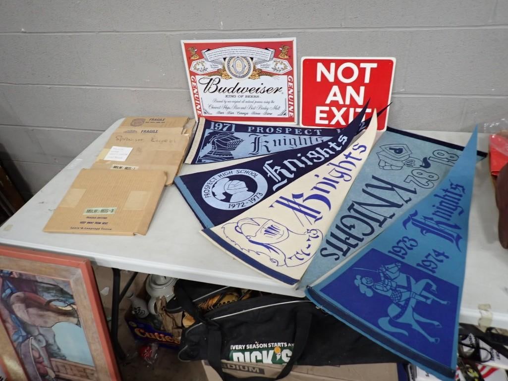 Budweiser Advertising Metal Sign, Prospect Knights Vintage Felt Pennants, Not An Exit Sign, Vintage: Budweiser Advertising Metal Sign, Prospect Knights Vintage Felt Pennants, Not An Exit Sign, Vintage Set of 4 Learn a Language Spanish Vinyl Records All pictures are considered part of the description