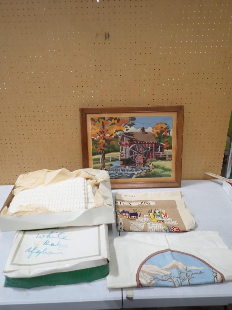 Misc Lot including Framed Farm Scene, Bicentennial Embroidery, Knits, etc.: Misc Lot including Framed Farm Scene - Measures roughly 18x22", Bicentennial Embroidery, Knits, etc. All pictures are considered part of the description and should be examined carefully by bidders