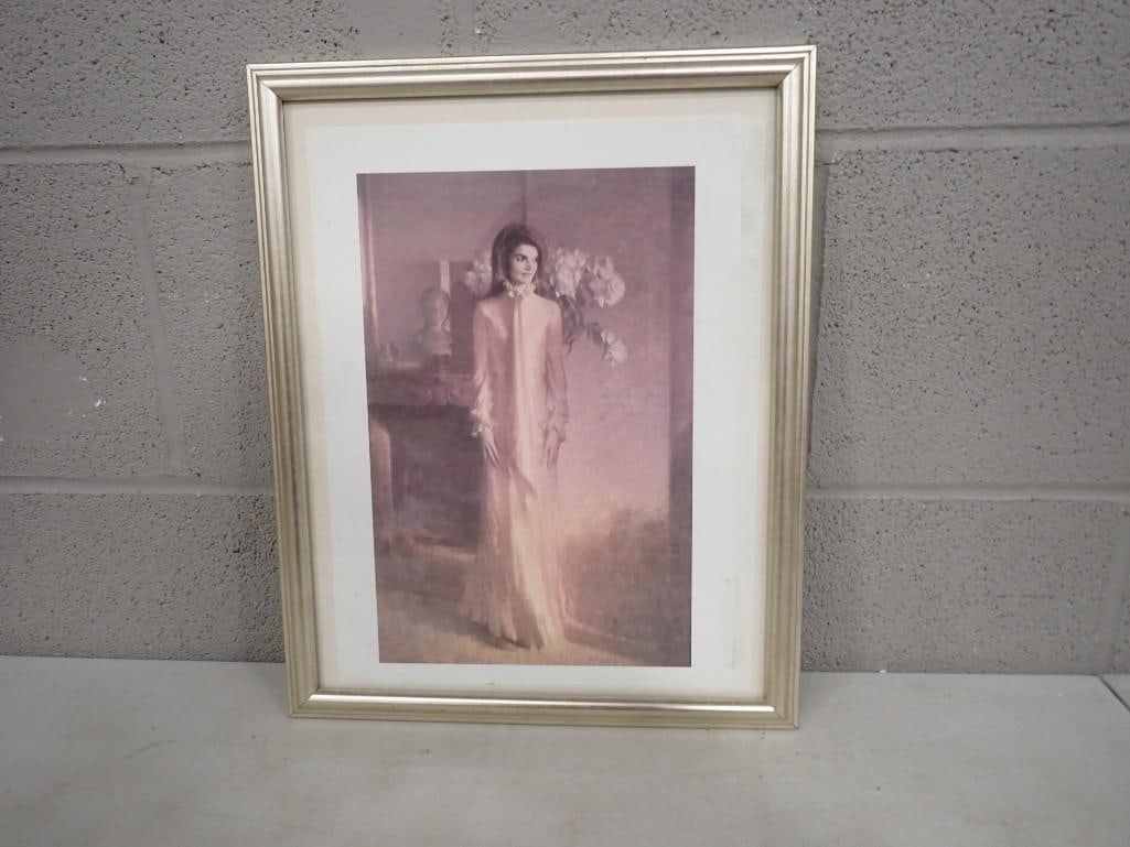 Framed Print of Jacqueline Kennedy by artist Aaron Shikler - measures roughly 12x16": Framed Print of Jacqueline Kennedy by artist Aaron Shikler - measures roughly 12x16" All pictures are considered part of the description and should be examined carefully by bidders. Live Auctionee