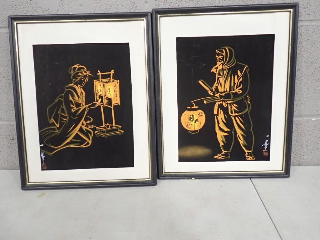 Pair of Framed Japanese Style Shikishi signed paintings - each measure roughly 12x14": Pair of Framed Japanese Style Shikishi signed paintings - each measure roughly 12x14" All pictures are considered part of the description and should be examined carefully by bidders. Live Auc