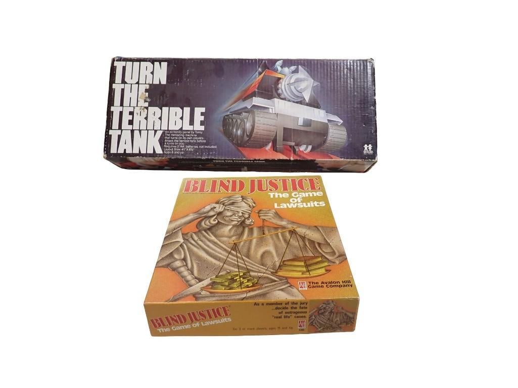 2 Vintage Board Games incl Turn the Terrible Tank and Blind Justice: 2 Vintage Board Games incl Turn the Terrible Tank and Blind Justice Condition: both are unchecked for completeness All pictures are considered part of the description and should be examin