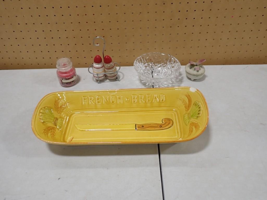 Vintage Salt and Pepper Shakers, Trinket Box, Glass Bowl, Yankee Candle,: Vintage Salt and Pepper Shakers, Trinket Box, Glass Bowl, Yankee Candle, Ceramic French Bread Serving Plate - Chipped All pictures are considered part of the description and should be examined carefu