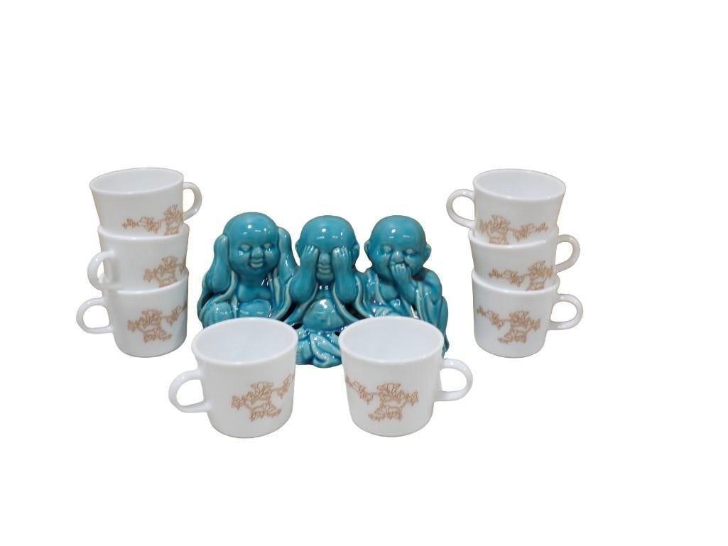 8 Vintage Corning Ware Oriental Wood Mugs and a Monk Ceramic Figure See No Evil, Hear No Evil, Speak: 8 Vintage Corning Ware Oriental Wood Mugs and a Monk Ceramic Figure See No Evil, Hear No Evil, Speak No Evil All pictures are considered part of the description and should be examined carefully by bi