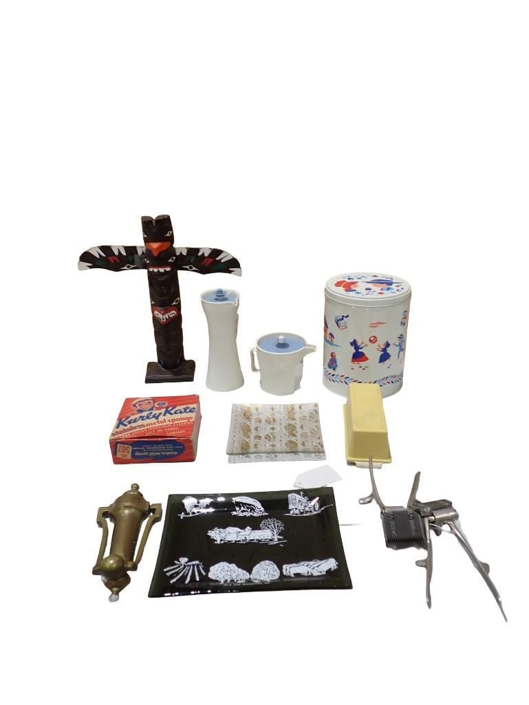 Collectibles incl Brass Door Knocker, Vintage Glass Plates, Vintage Tupperware, Souvenir Totem Pole, (1 of 10)