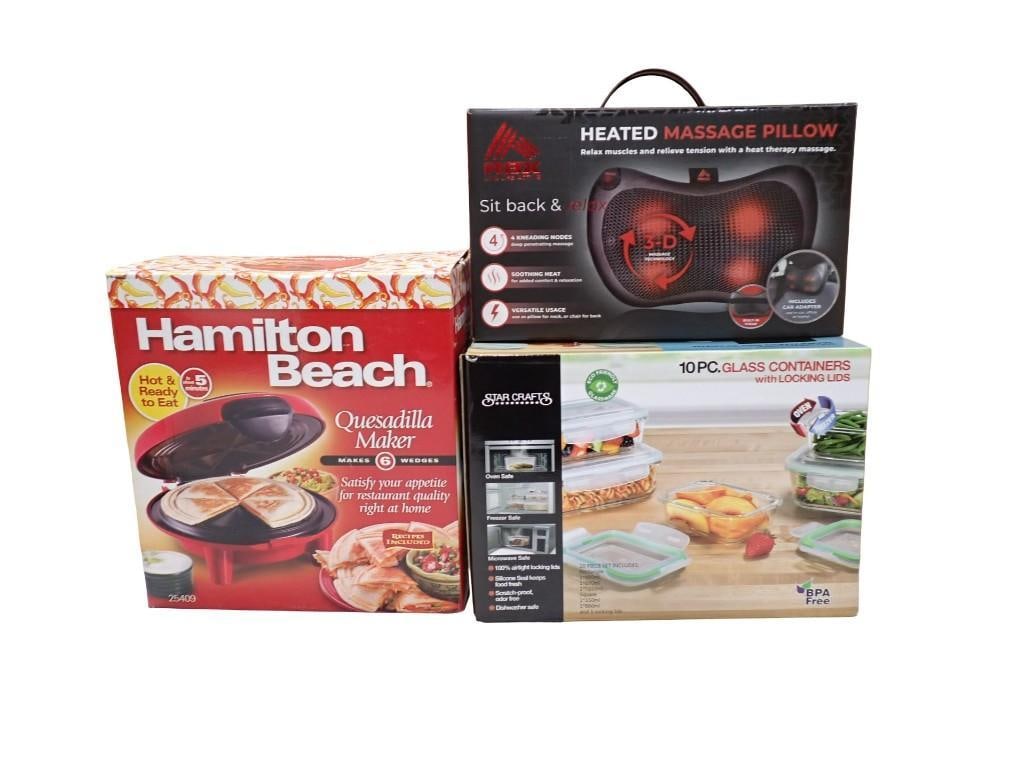 New in Box Hamilton Beach Quesadilla Maker, Heated Massage Pillow, Glass Containers with Locking Lid (1 of 5)