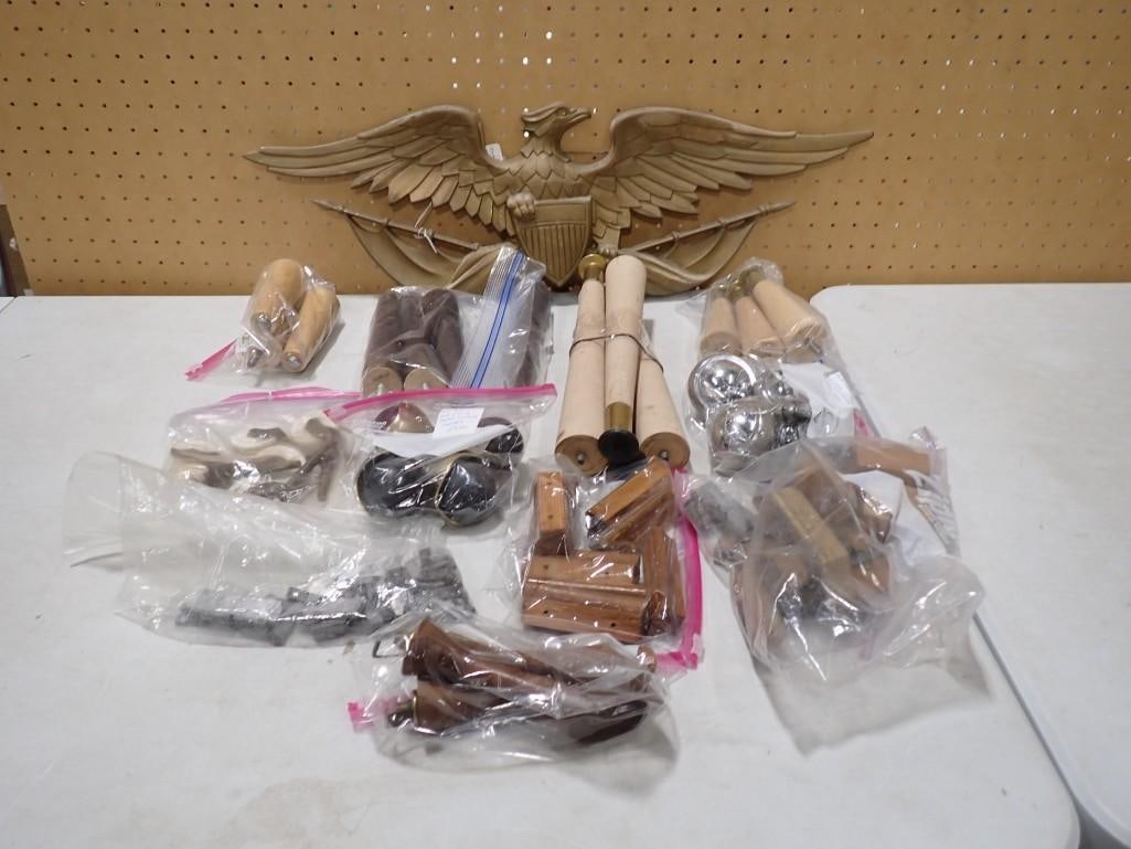 Mid Century Mod Chair Legs, Casters, etc and a Cast Metal Eagle Wall Hanging: Mid Century Modern Vintage Chair Legs, Casters, etc and a Cast Metal Eagle Wall Hanging All pictures are considered part of the description and should be examined carefully by bidders. Live Auctione