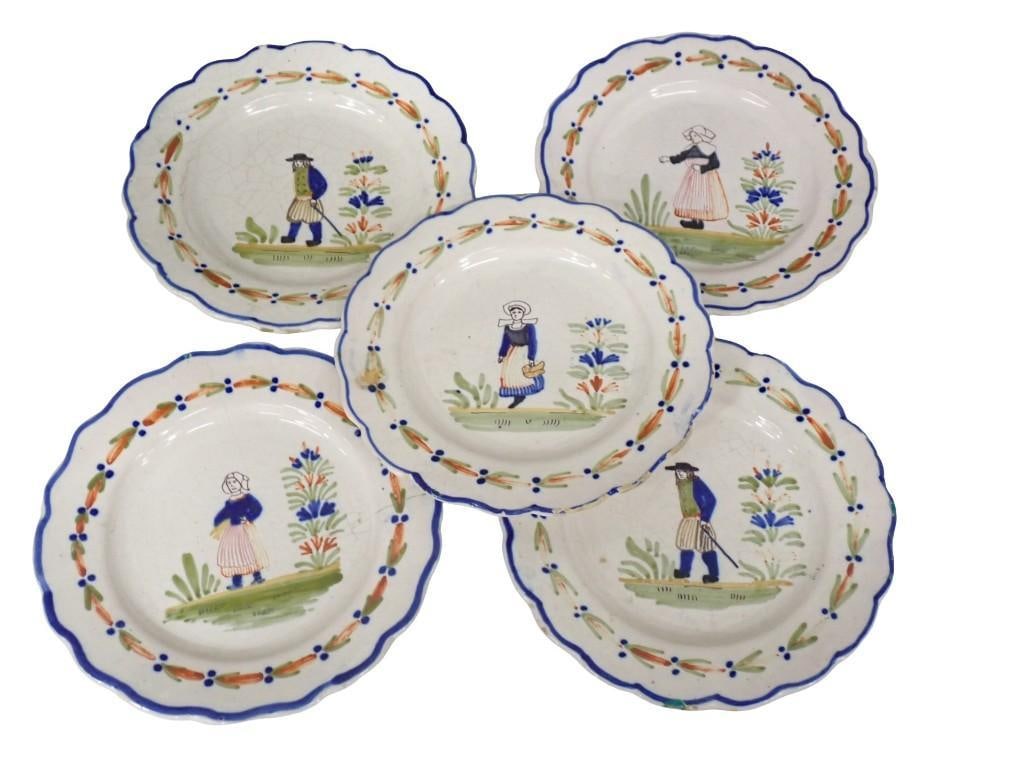 Set of 5 Antique Paimpolaise GC France Faience Plates with Breton Scenes (1 of 10)