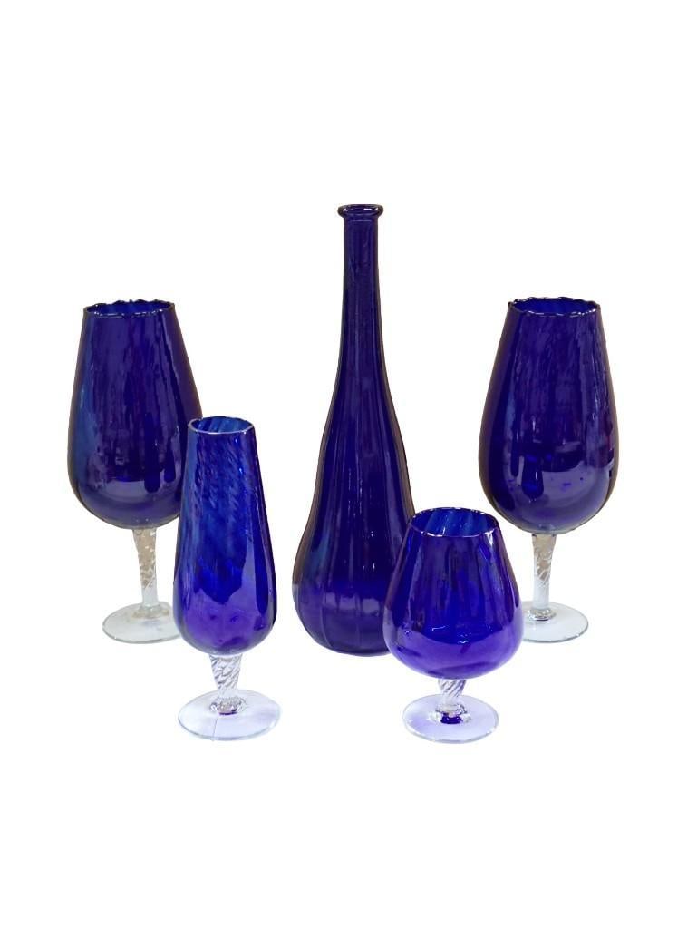 5 Pieces MCM Cobalt Blue Glass incl 3 Empoli Diamond Optic Made in Italy, (1 of 6)