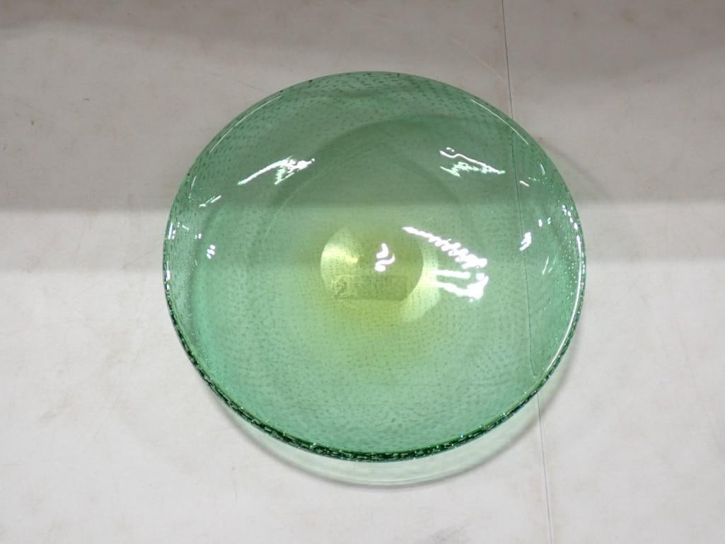 Large Vintage Green Glass Console Bowl with Controlled Bubbles and Polished Base (1 of 5)