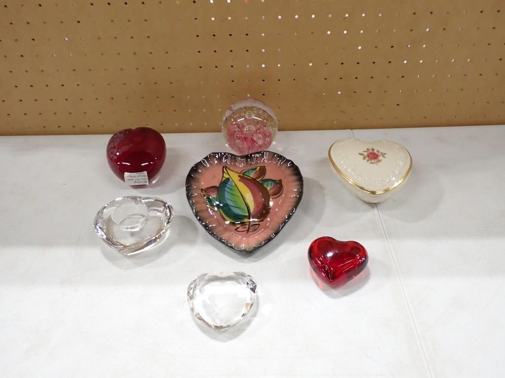 Small Collectibles incl Waterford Crystal Heart Paperweight, Orrefors Crystal Heart Candle Holder,: Small Collectibles incl Waterford Crystal Heart Paperweight, Orrefors Crystal Heart Candle Holder, Calif Pottery Wall Pocket, Vintage Lenox Porcelain Trinket Box, Vintage art glass paperweight pink sw