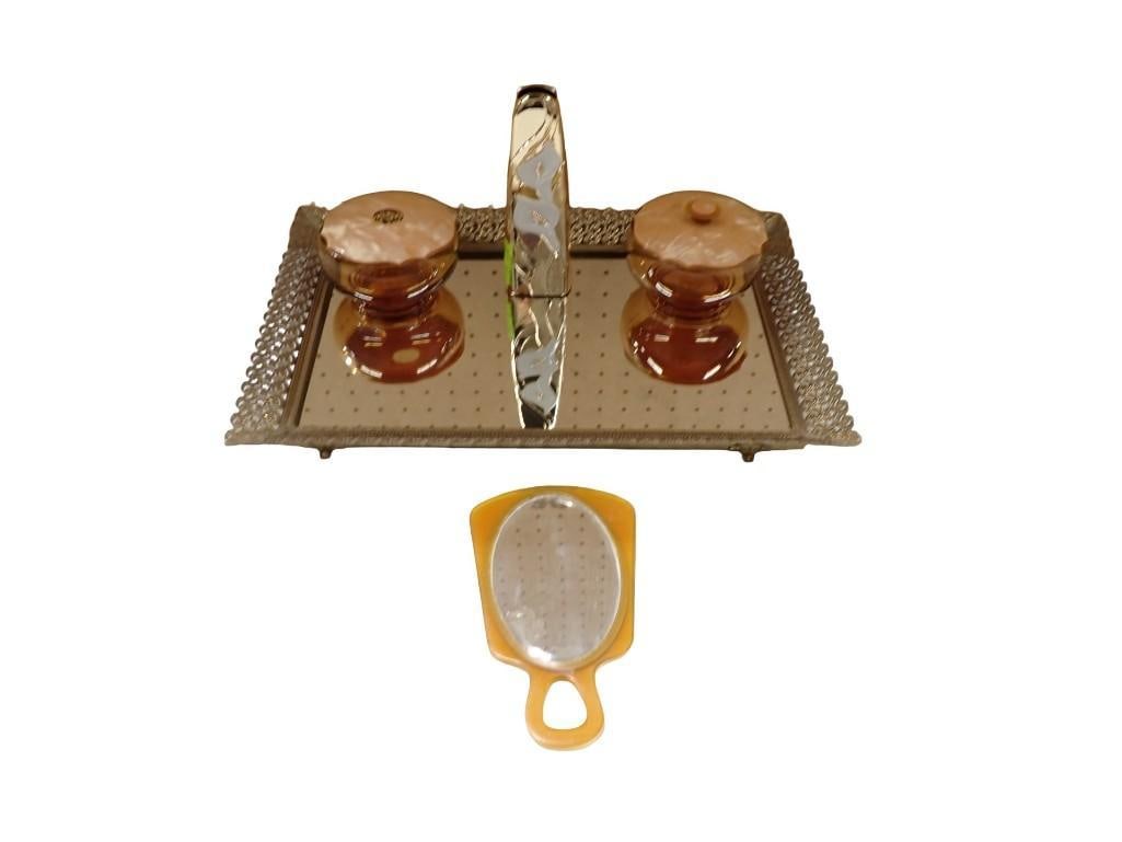 Vintage Art Deco Vanity Set with Celluloid Lids, Hair Receiver, & Powder plus Art Deco Celluloid (1 of 5)