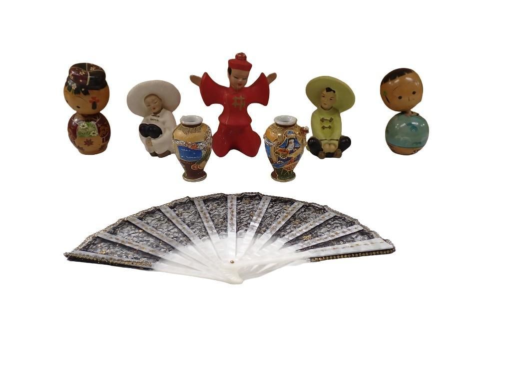 Vintage Lot incl Folding Hand Fan With Lace & Lucite, 2 Vintage Japanese Kokeshi Nodding Dolls: Vintage Lot incl Folding Hand Fan With Lace & Lucite, 2 Vintage Japanese Kokeshi Nodding Dolls Folk Art originally from the Tohoku region, 1 Kreiss figurine - red, Japan, Set of 2 Universal Statua