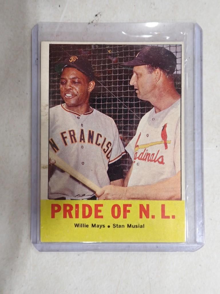 1963 Topps Baseball Card Pride of N.L. Featuring Willie Mays and Stan Musial: 1963 Topps Baseball Card Pride of N.L. Featuring Willie Mays and Stan Musial All pictures are considered part of the description and should be examined carefully by bidders. Live Auctioneers is now