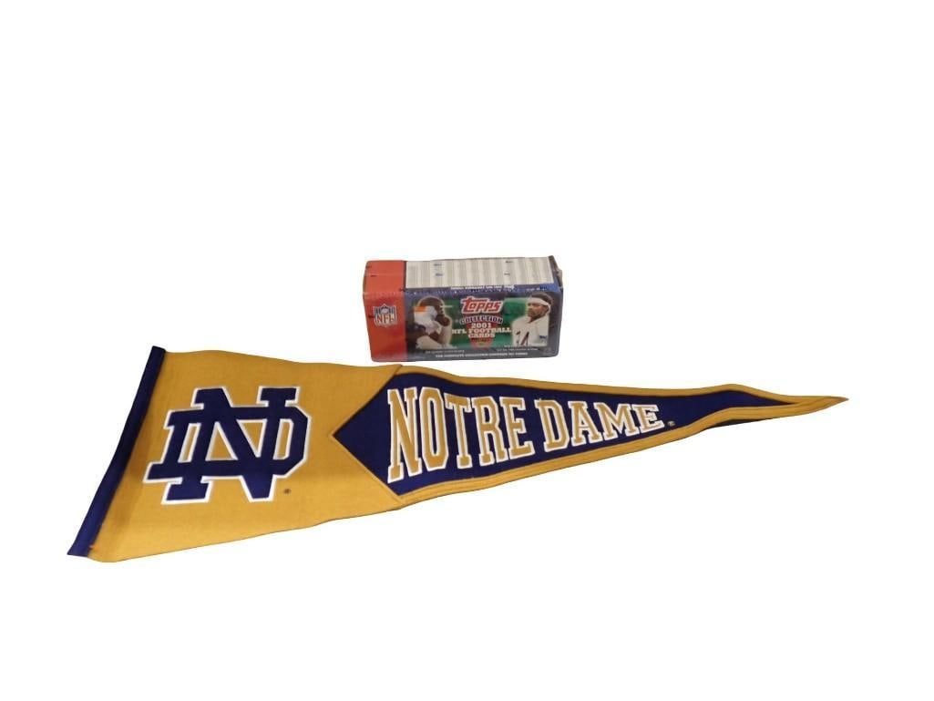 Topps Collection 2001 NFL Football Cards Sealed and a Vintage Notre Dame Felt Pennant: Topps Collection 2001 NFL Football Cards Sealed and a Vintage Notre Dame Felt Pennant All pictures are considered part of the description and should be examined carefully by bidders. Live Auctioneer