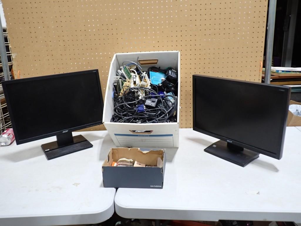 Computer Lot including Two Acer Monitors (Untested) Lots of Computer Cords and box full of resistors (1 of 12)