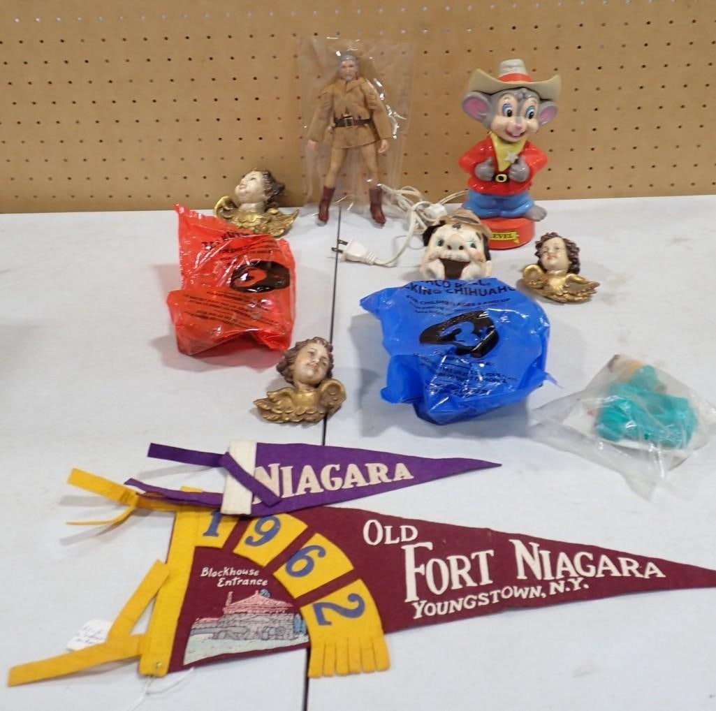 Toy Lot etc. including Mego Buffalo Bill, Feivel Mouse, Vintage Pennants, Taco Bell Talking Chihuahu (1 of 6)