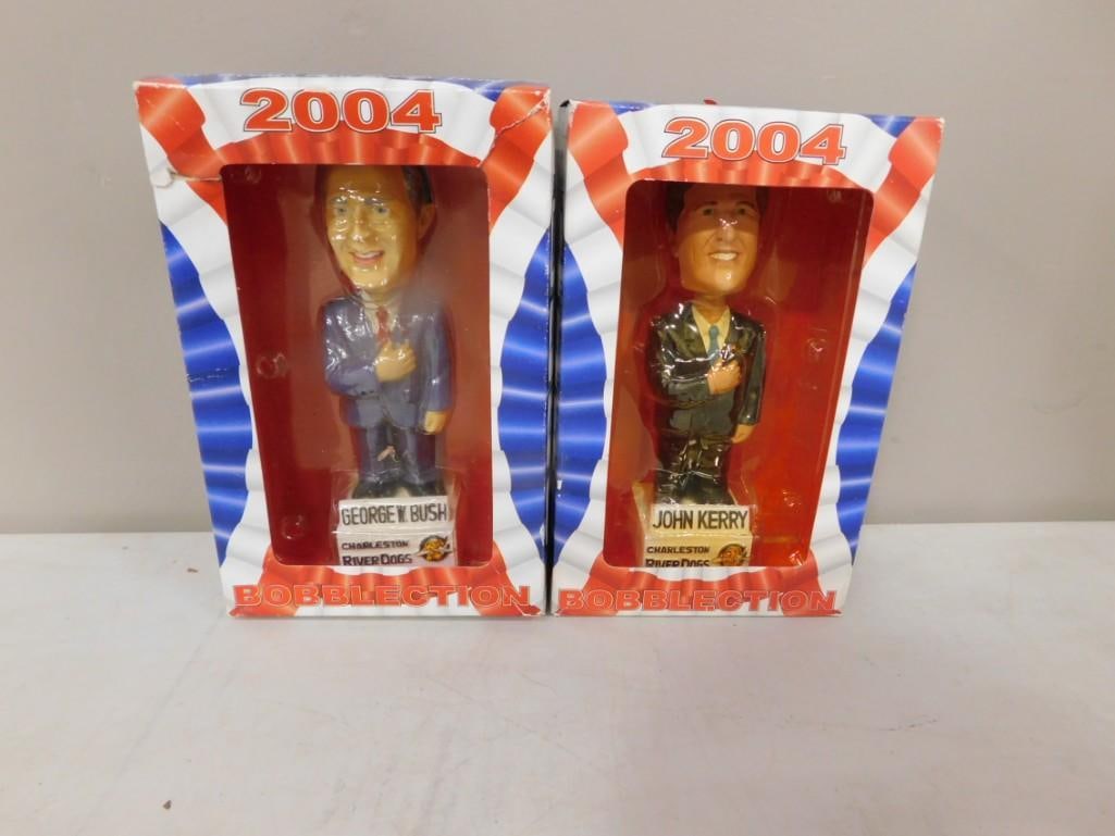 Pair of Bobblelection Bobbleheads incl George W bush and John Kerry 2004 in Original Boxes: Pair of Bobblelection Bobble Heads incl George W bush and John Kerry produced for the 2004 presidential election campaign. These are in their original boxes. All pictures are considered