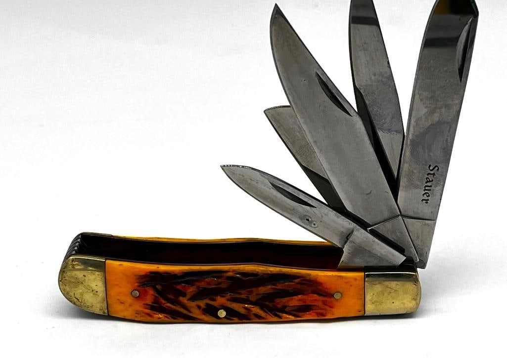 Stauer 5 Blade Knife Bone Handle: Stauer 5 blade knife bone handle - never used 3" blade All pictures are considered part of the description and should be examined carefully by bidders. Live Auctioneers is now offering Live Ship