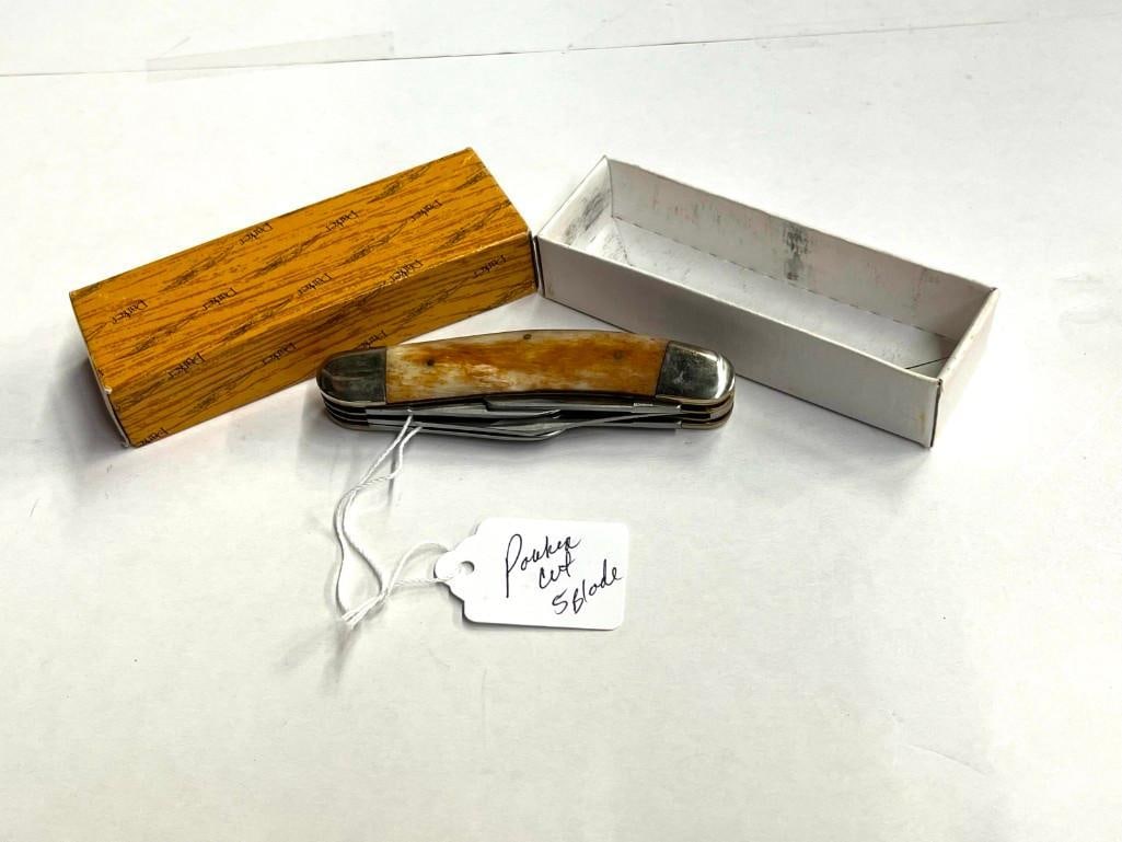 Parker Cutlery 5 Blade Knife in Box: Parker Cutlery 5 blade knife in box - never used 3" blade All pictures are considered part of the description and should be examined carefully by bidders. Live Auctioneers is now offering Live S