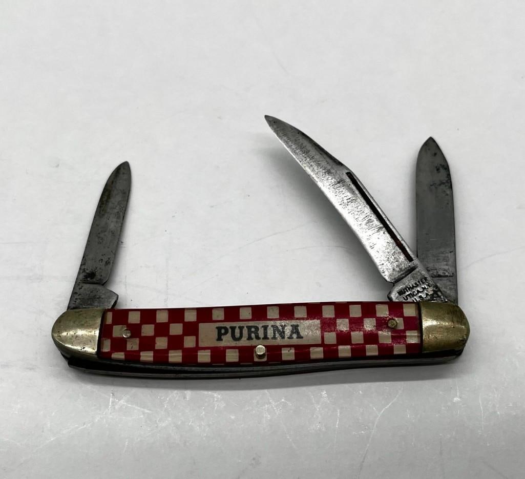 Vintage Purina Dog Food Advertising 3 Blade Pocket Knife Kutmaster: Vintage Purina dog food advertising 3 blade pocket knife Kutmaster - good condition 2" blade All pictures are considered part of the description and should be examined carefully by bidders. Live