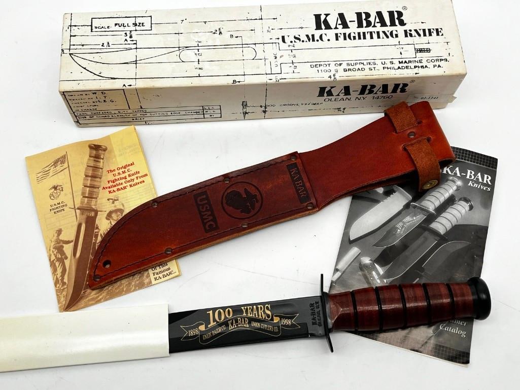 Ka-Bar USMC Knife 100th Anniversary w/ Leather Sheath, Original Box, and Papers: Ka-Bar USMC knife 100th anniversary w/ leather sheath and papers - New in box, blade is 7" All pictures are considered part of the description and should be examined carefully by bidders. Live A