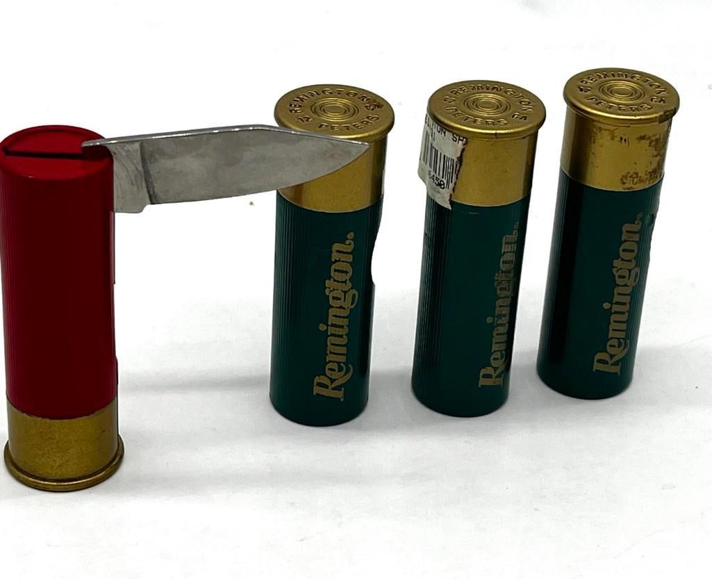 4 Remington 12 Gauge Shotgun Shell Folding Pocket Knives Never Used: 4 Remington 12 Gauge Shotgun Shell Folding Pocket Knives Never Used 1.75" Blade All pictures are considered part of the description and should be examined carefully by bidders. Live Auctioneers