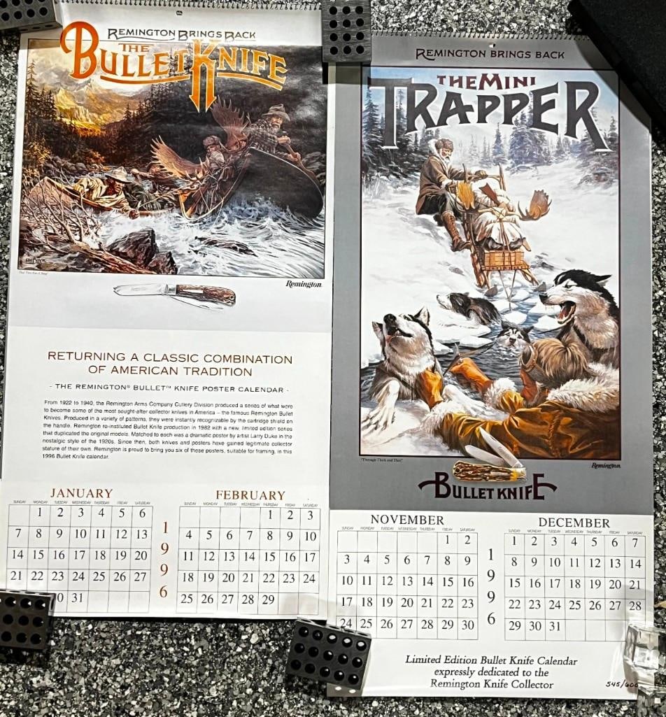 Lot of 9 Remington Bullet Knife Reproduction Calendars - Rolled in Original Tubes: Lot of 9 Remington Bullet Knife Reproduction Calendars - Rolled in Original Tubes - 1996 & more. Some are limited edition All pictures are considered part of the description and should be examine