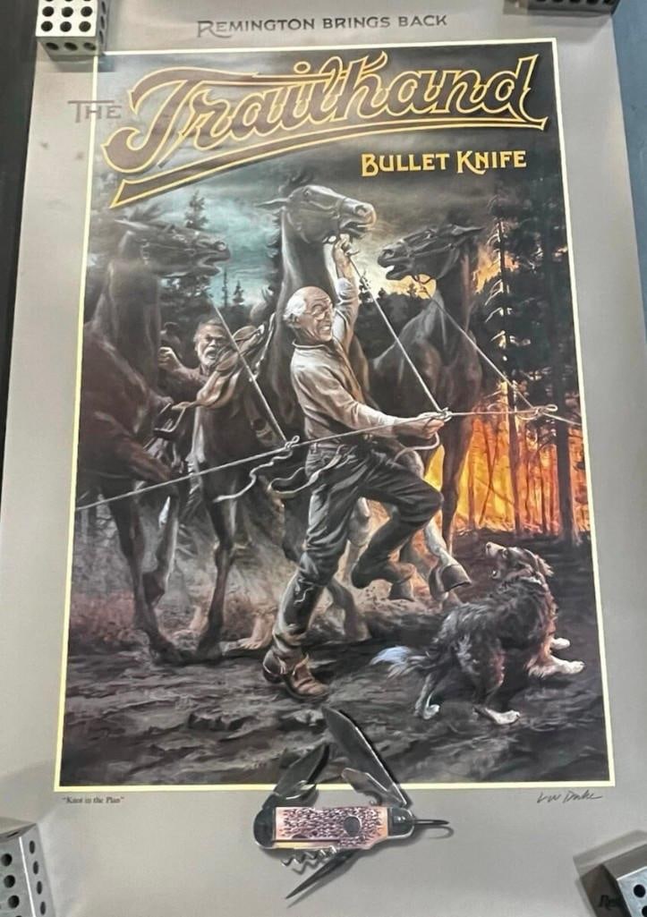 Remington Trailhand Bullet Knife " Knot in the Plan" Poster Hand Signed DUKE: Remington Trailhand bullet knife " knot in the plan" poster hand signed DUKE , 20" x 30" All pictures are considered part of the description and should be examined carefully by bidders