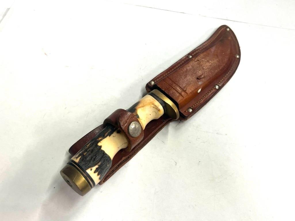 Vintage Schrade Fixed Blade Hunting Knife Stag Handle, Leather Sheath USA 153 UM (1 of 8)