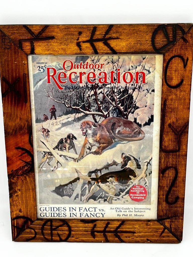 Outer's Recreation March 1926 Framed Magazine Art Hounds & Bobcat, 12" X 15": Outer's Recreation March 1926 Framed Magazine Art Hounds & Bobcat, 12" X 15" - - All pictures are considered part of the description and should be examined carefully by bidders. Live Auctioneers is no