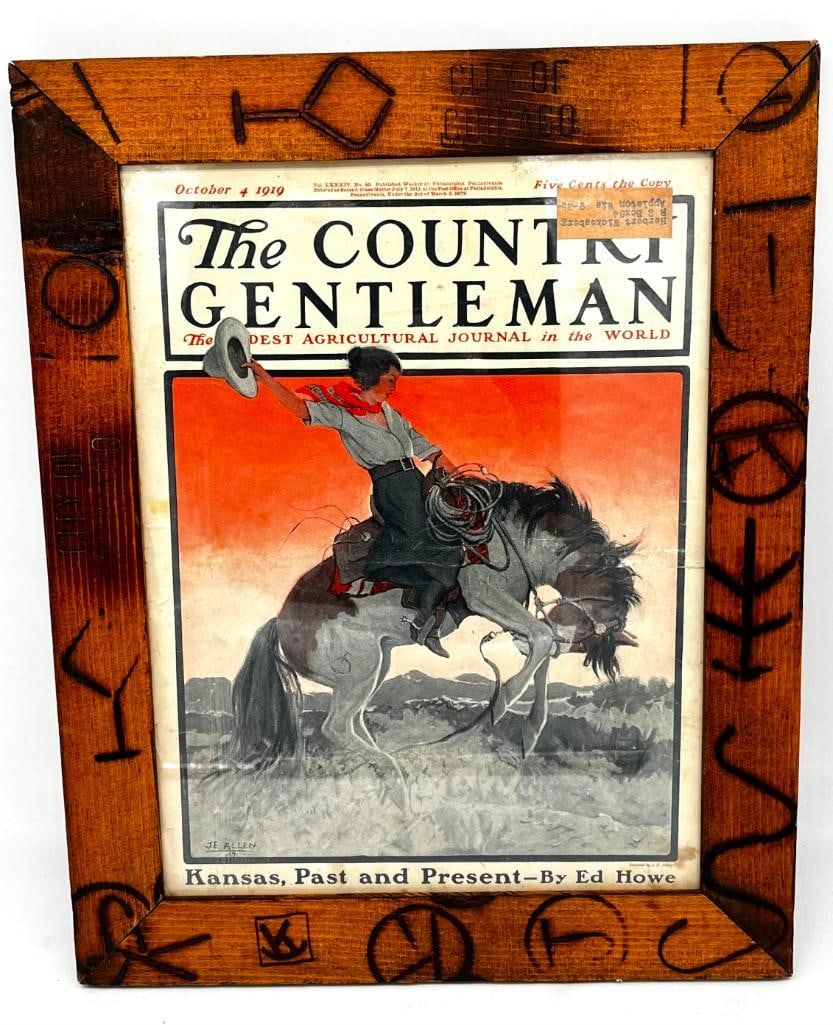 Country Gentleman Oct. 1919 Framed Magazine Art Cowgirl On Horse 14" X 17": Country Gentleman Oct. 1919 Framed Magazine Art Cowgirl On Horse 14" X 17" - - All pictures are considered part of the description and should be examined carefully by bidders. Live Auctioneers is now