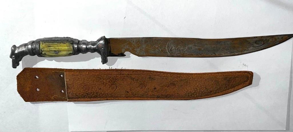 Vintage Handmade Figural Fixed Blade Knife From Mexico: Vintage Handmade Figural Fixed Blade Knife From Mexico - Minor Surface Rust, Maker Unknown, 9" Blade With Leather Sheath - All pictures are considered part of the description and should be examined ca
