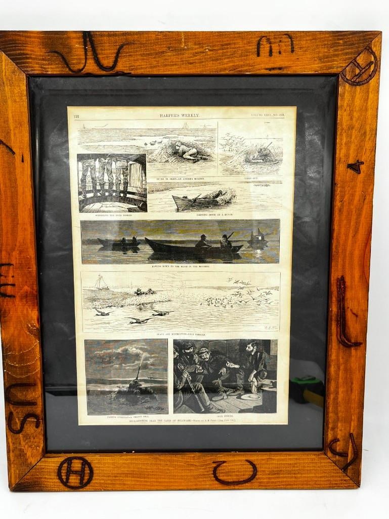 Antique Harpers Weekly Magazine Featuring Duck Hunting Framed Art 17" X 21" (1 of 4)