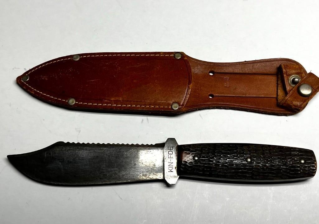 Vintage Kin-Foe Fixed Blade Knife, Nice Scale Handle, Newer Leather Sheath (1 of 7)