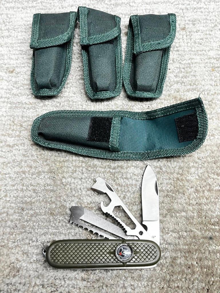 Lot Of 4 Never Used Fury Survival Compass Pocket Knives, Army Green In Nylon Sheaths (1 of 5)