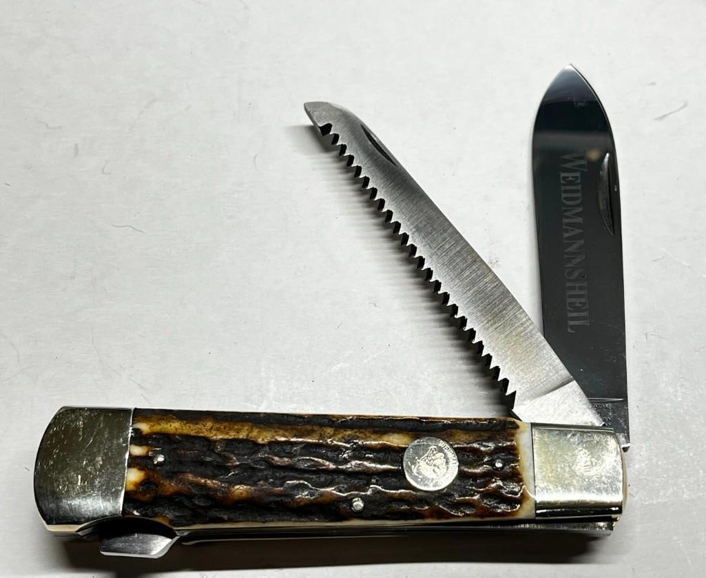 Weidmannsheil Heil Solingen Germany 2 Blade Stag Handle Pocket Knife W/ Saw: Weidmannsheil Heil Solingen Germany 2 Blade Stag Handle Pocket Knife W/ Saw - Never Used, 3.5" Blade - All pictures are considered part of the description and should be examined carefully by bidders.