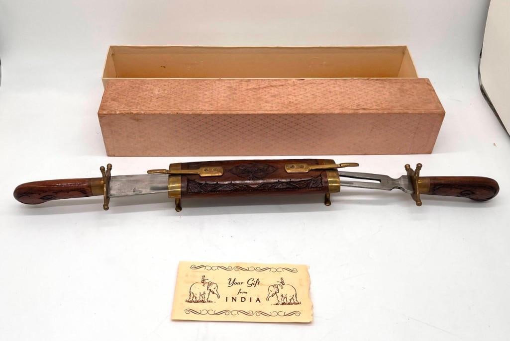 India Carving Set Fork & Knife Hand Carved Handles And Holder Brass Hardware Vintage in Original Box: Vintage in Original Box India Carving Set Fork & Knife Hand Carved Handles And Holder Brass Hardware. All pictures are considered part of the description and should be examined carefully by bidde