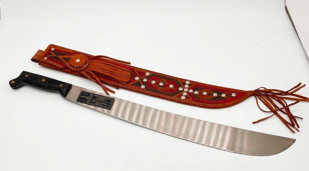Vintage La Marca Cornet Machete Weyersberg Solingen #127 Ornate Tooled Leather Sheath: Vintage La Marca Cornet Machete Weyersberg Solingen #127 Ornate Tooled Leather Sheath.Great Original Condition, 25", 20" Blade All pictures are considered part of the description and should b