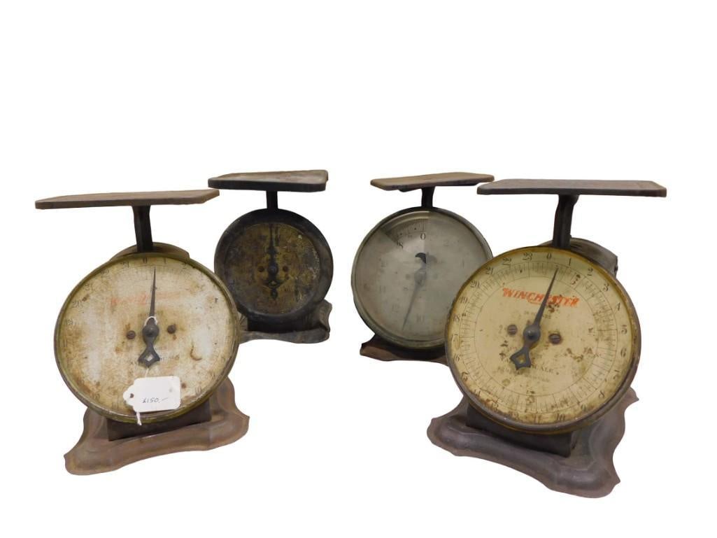 4 Vintage Kitchen Scales incl 2 Winchester Scales: 4 Vintage Kitchen Scales incl 2 Winchester Scales All pictures are considered part of the description and should be examined carefully by bidders. Live Auctioneers is now offering Live Shipping