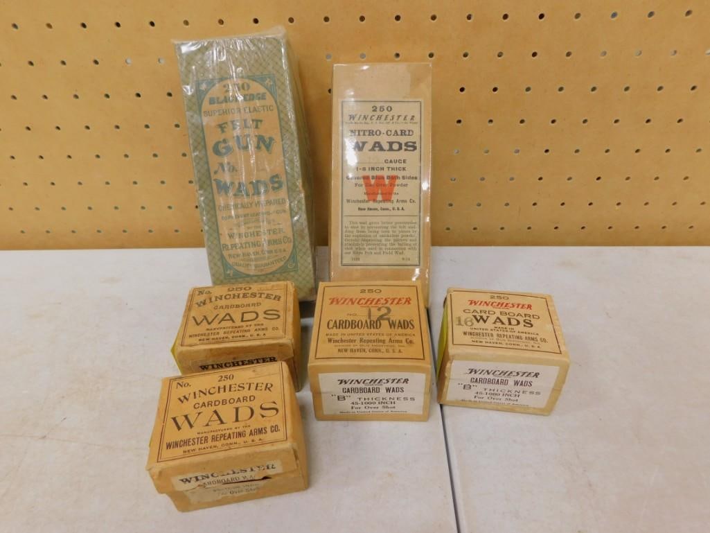 Vintage Winchester Gun Wads incl Felt and Cardboard in Original Boxes Some Sealed: Vintage Winchester Gun Wads incl Felt and Cardboard in Original Boxes Some Sealed All pictures are considered part of the description and should be examined carefully by bidders. Live Auctioneers is