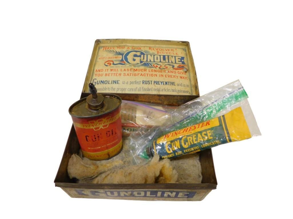 Vintage Gunoline Tin with Winchester Gun Oil Can and Winchester Gun Grease Tube (1 of 11)