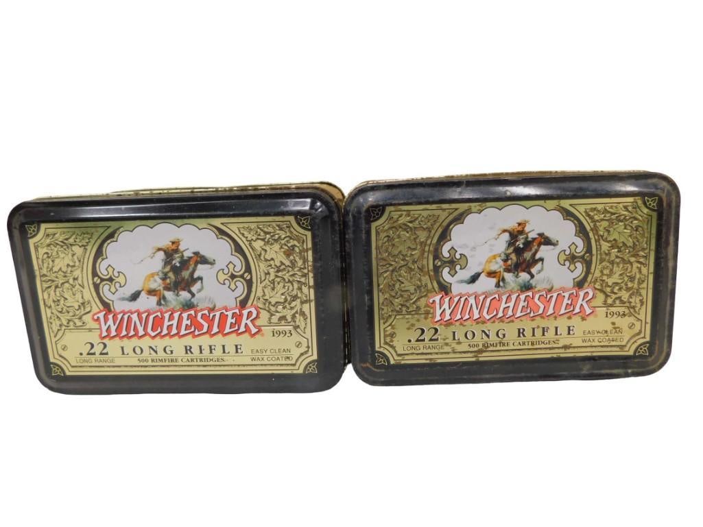 2 Winchester .22 Long Rifle Cartridge Tins: 2 Winchester .22 Long Rifle Cartridge Tins Condition: these have some wear All pictures are considered part of the description and should be examined carefully by bidders. Live Auctioneers