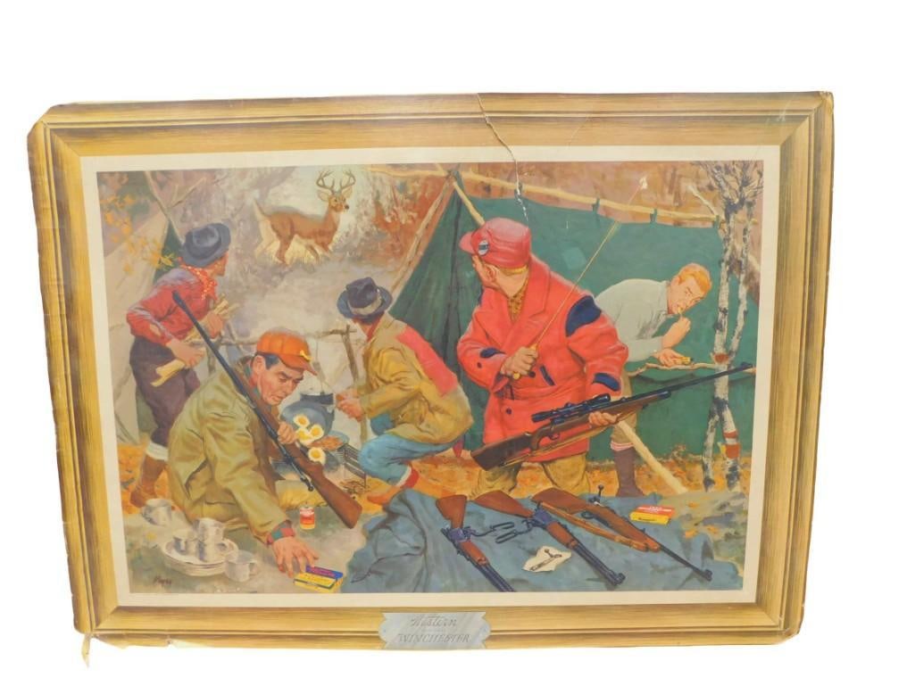 Vintage Western Winchester Cardboard Store Display Sign 28" x 20 1/2": Vintage Western Winchester Cardboard Store Display Sign 28" x 20 1/2" All pictures are considered part of the description and should be examined carefully by bidders. Live Auctioneers is now