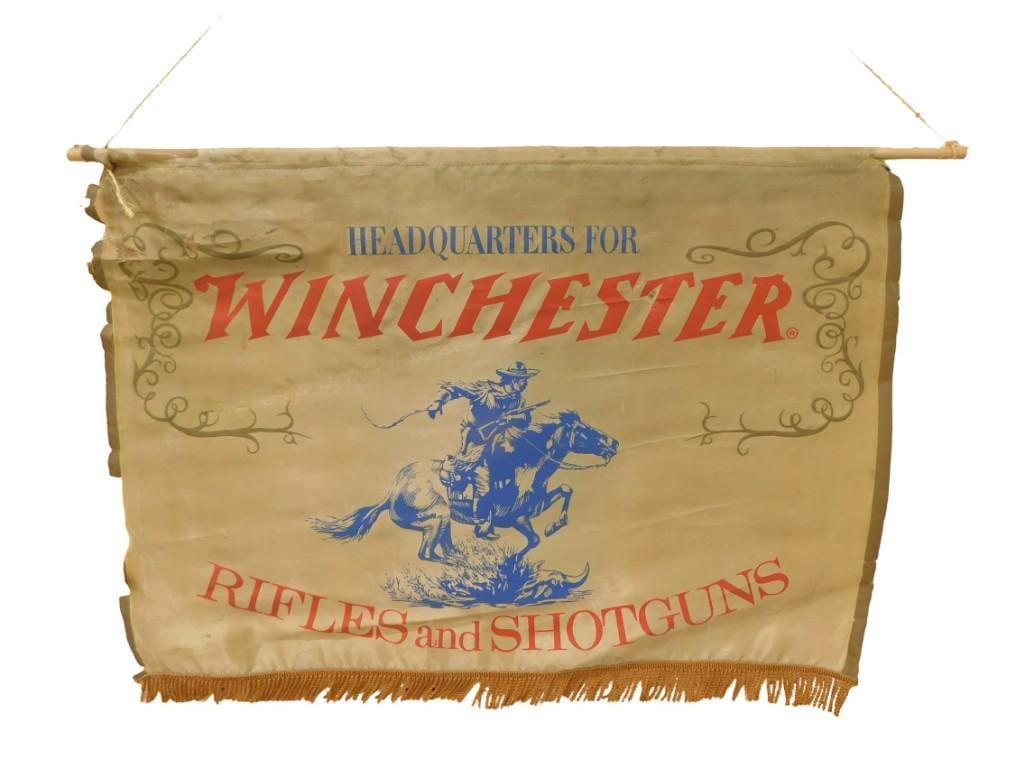 Headquarters for Winchester Rifles and Shotguns Banner 19" x 28": Headquarters for Winchester Rifles and Shotguns Banner 19" x 28" Condition: has some damage All pictures are considered part of the description and should be examined carefully by bidde