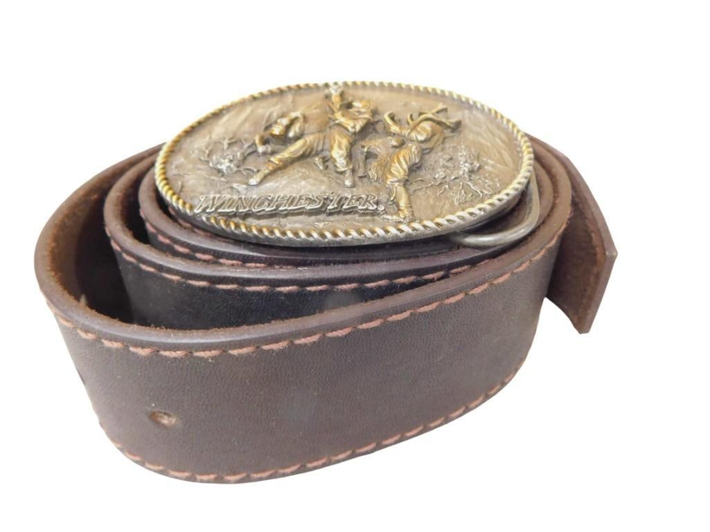 Winchester Leather Belt with Winchester Belt Buckle: Winchester Leather Belt with Winchester Belt Buckle All pictures are considered part of the description and should be examined carefully by bidders. Live Auctioneers is now offering Live Shipping th