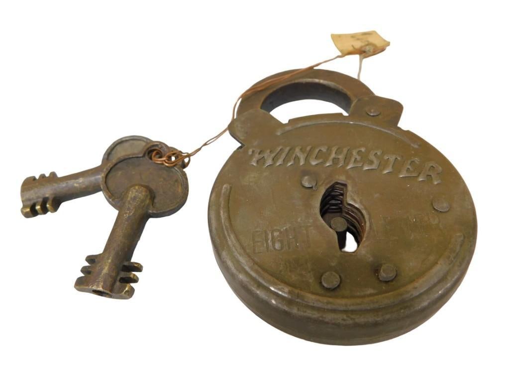 Antique Winchester Round 6 Lever Padlock with 2 Keys: Antique Winchester Round 6 Lever Padlock with 2 Keys All pictures are considered part of the description and should be examined carefully by bidders. Live Auctioneers is now offering Live Shipping t