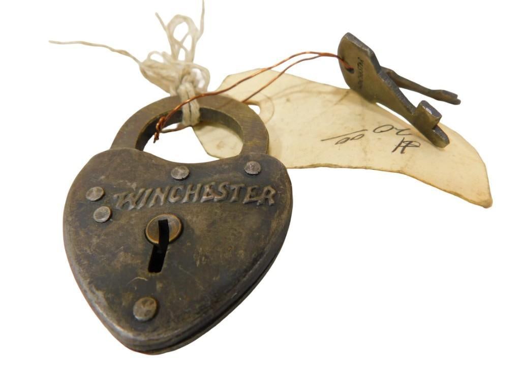 Antique Winchester Heart Padlock with 2 Keys: Antique Winchester Heart Padlock with 2 Keys All pictures are considered part of the description and should be examined carefully by bidders. Live Auctioneers is now offering Live Shipping through t