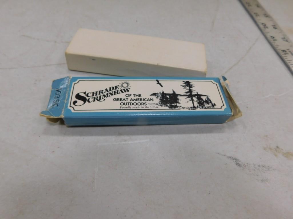 Schrade Schrimshaw Pocket Knife New in Box: Schrade Schrimshaw Pocket Knife New in Box - All pictures are considered part of the description and should be examined carefully by bidders. Live Auctioneers is now offering Live Shipping through the